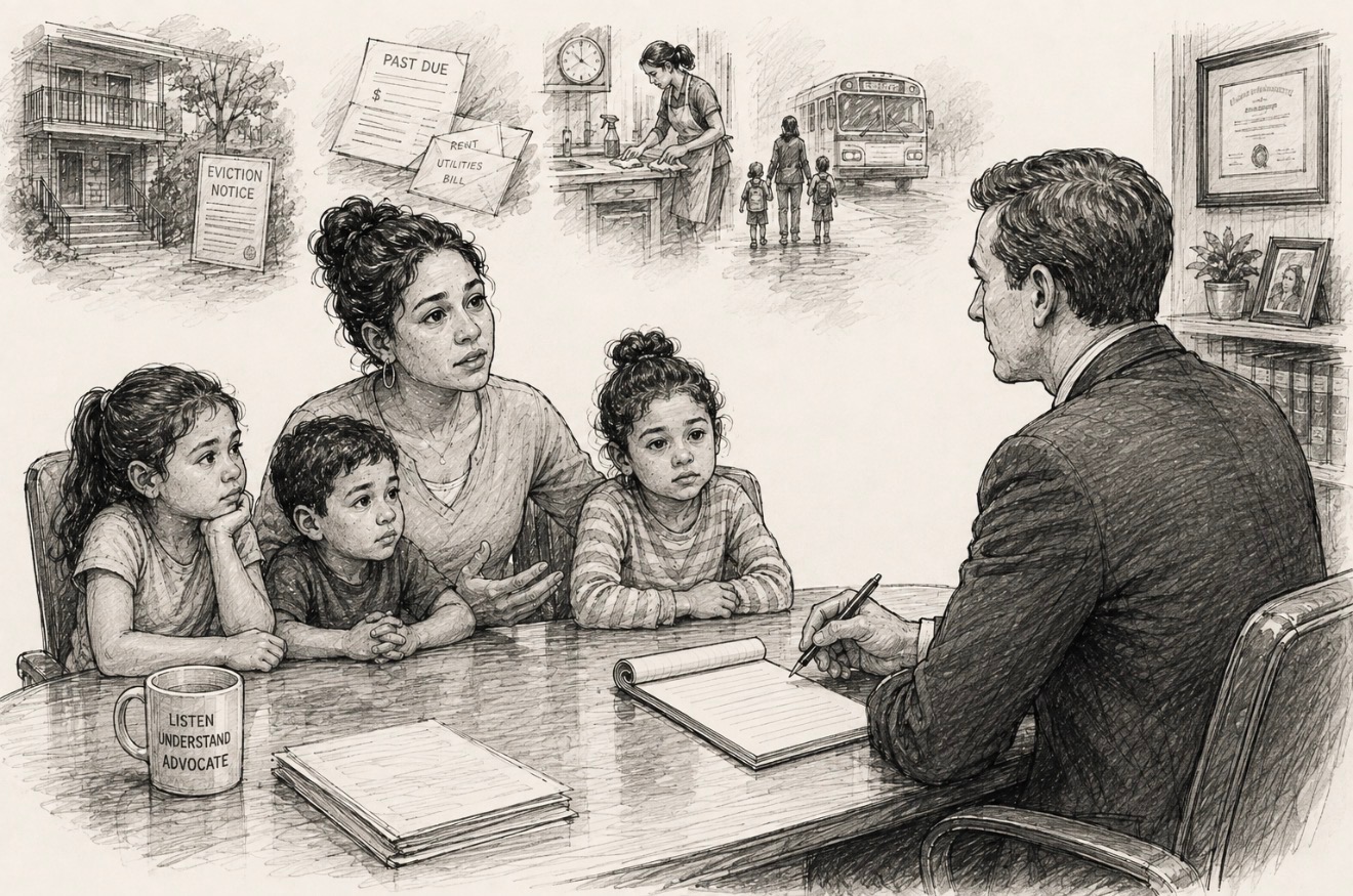 Illustration of an attorney listening closely to a client