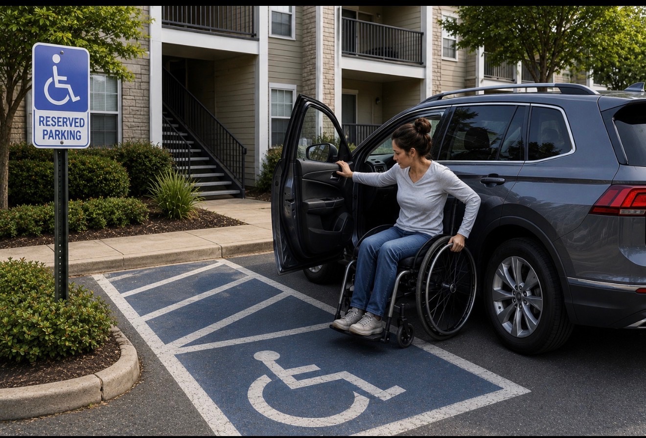 Tenant using a wheelchair transferring from her car in an accessible parking space at an apartment complex