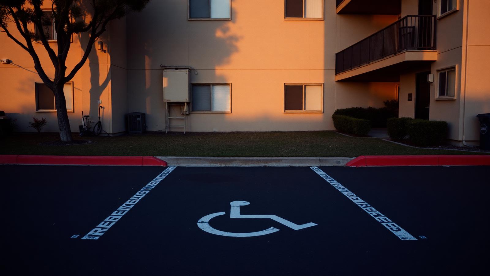 Accessible parking space marked with a wheelchair symbol outside an apartment building