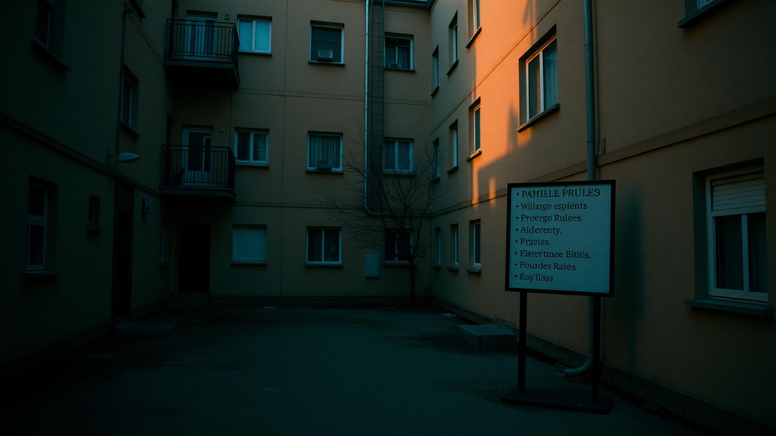 Apartment courtyard with a posted rules sign