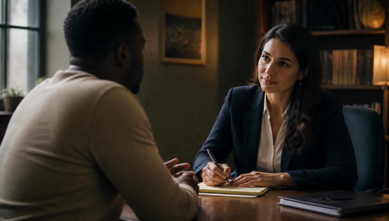 Attorney listening to a client during a consultation