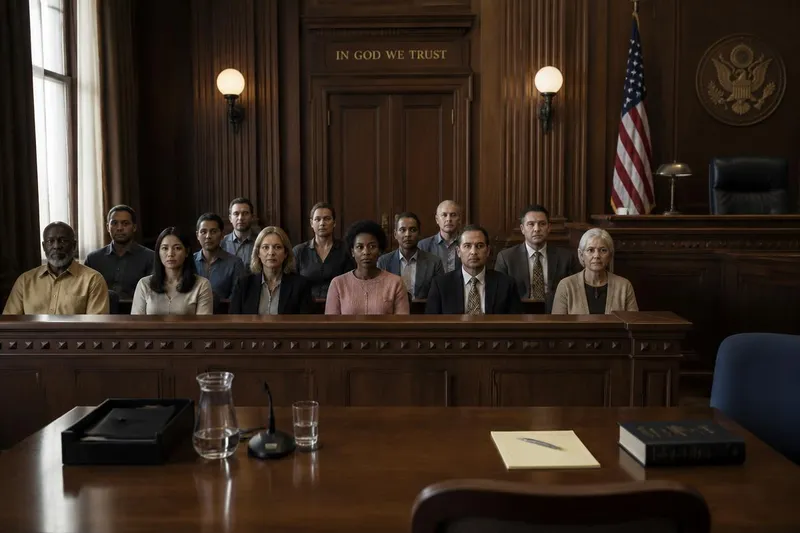 Jury seated in the jury box of a courtroom