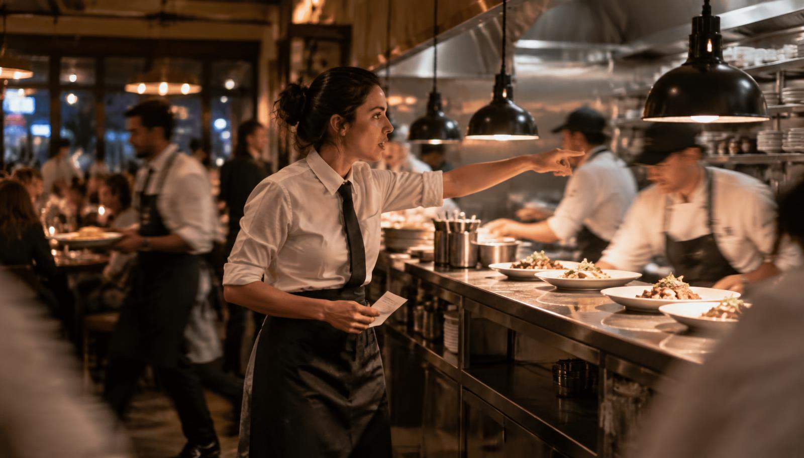Restaurant manager reviewing schedules behind the counter