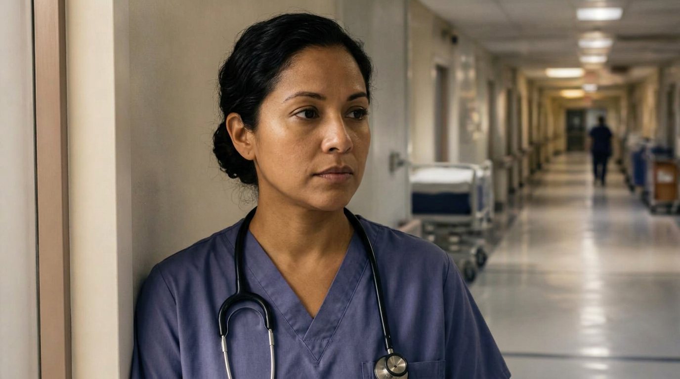 A nurse in scrubs standing in a hospital corridor at the end of a long shift