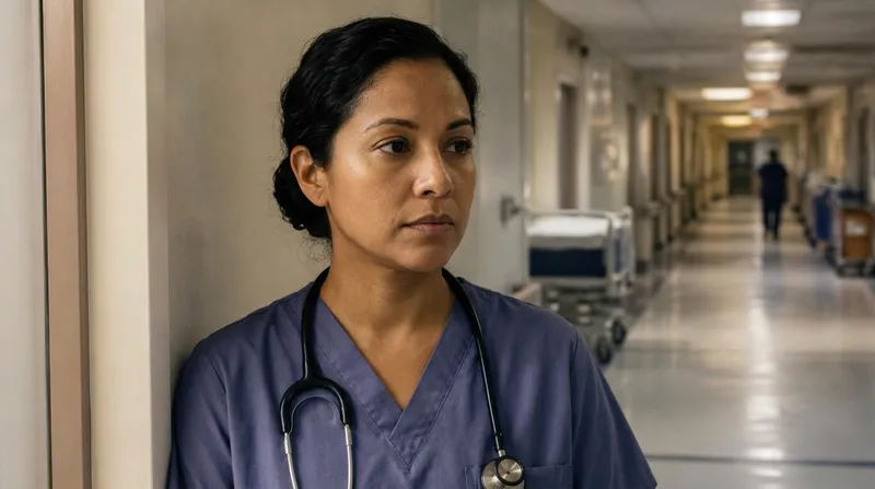 A nurse in scrubs in a hospital corridor at the end of a long shift