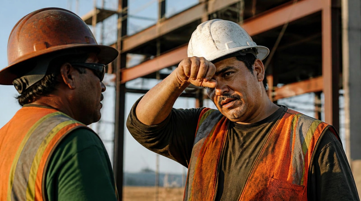Two construction workers in hard hats and high-visibility vests on a California worksite