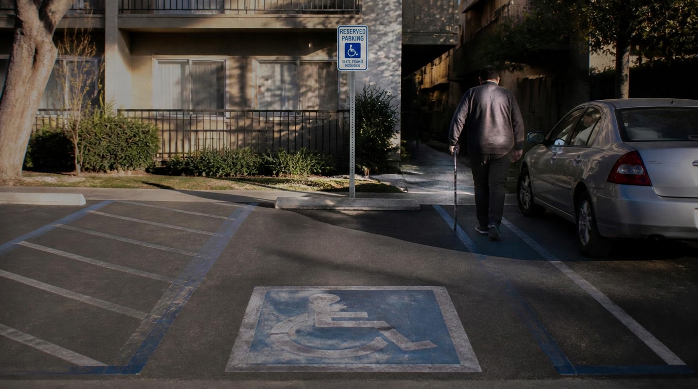 Accessible parking space outside an apartment complex as a resident with a cane walks to a car