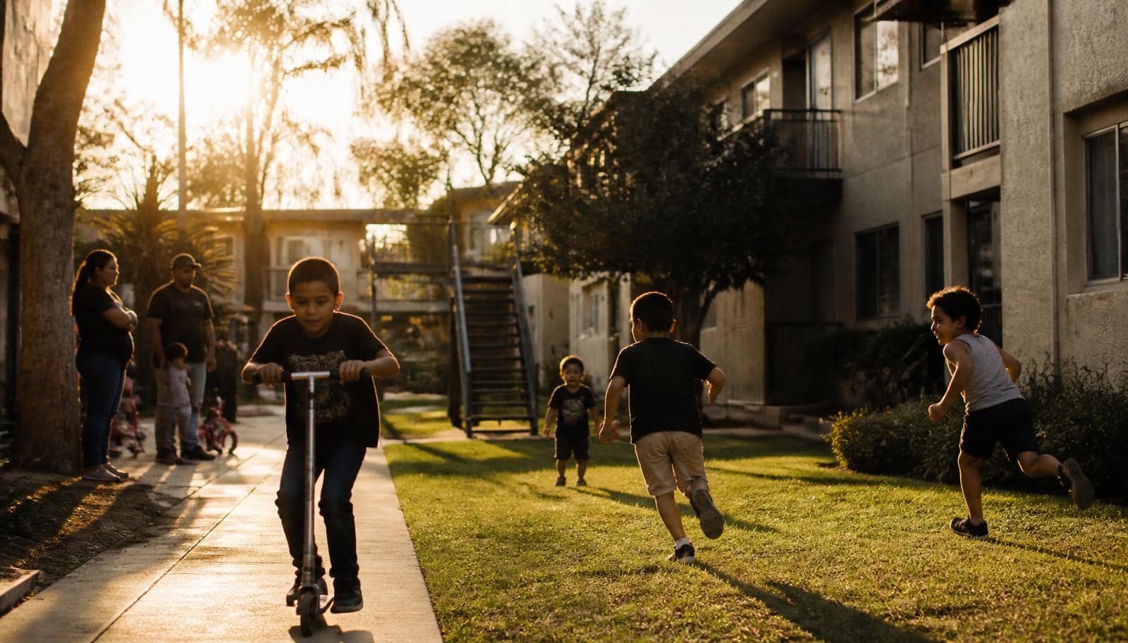 Children playing in the courtyard of a Los Angeles apartment complex at golden hour