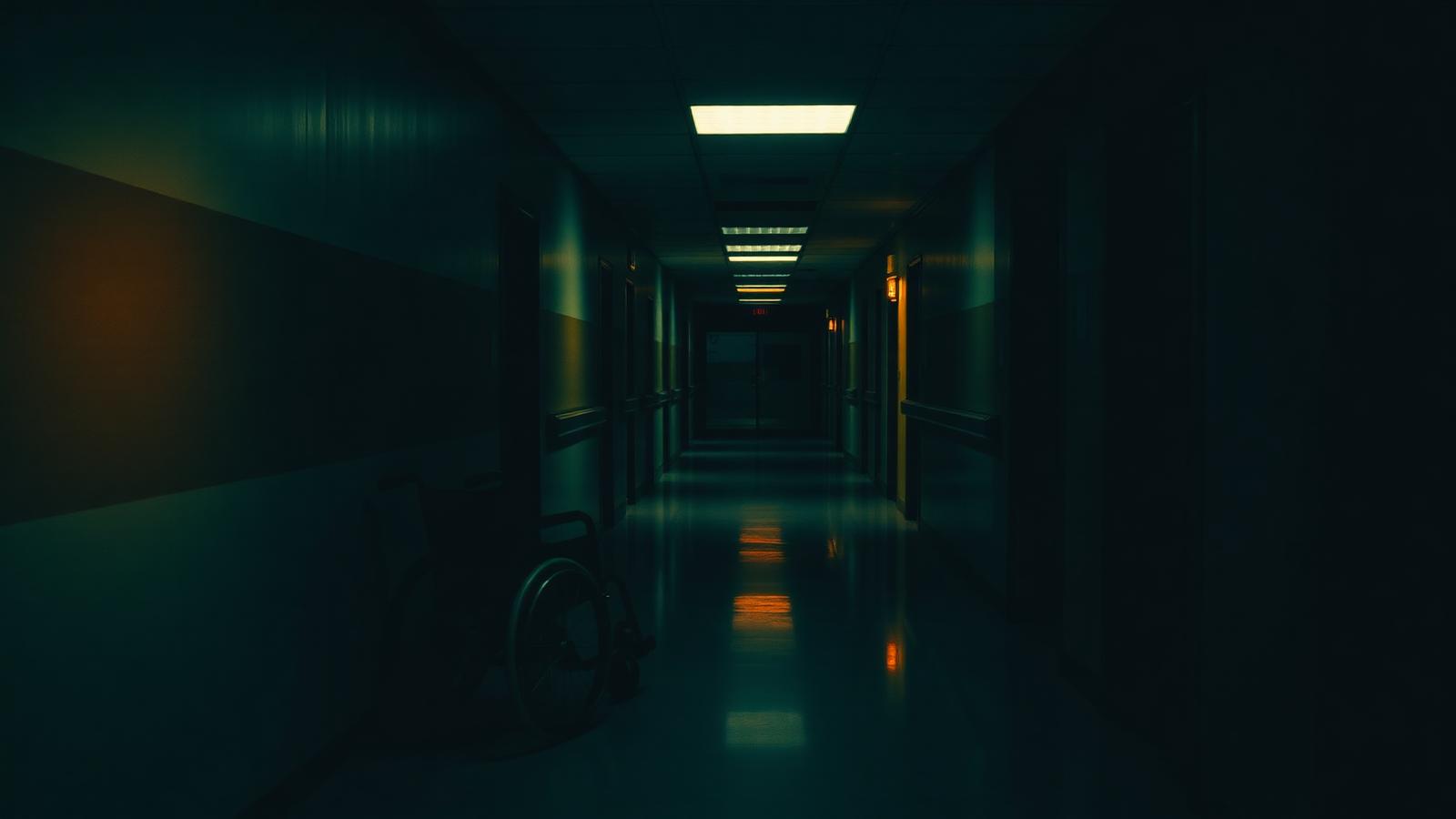 Dim hospital corridor at night with an empty wheelchair against the wall