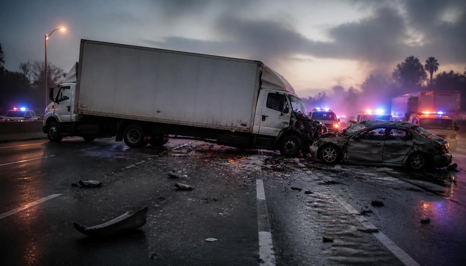 Aftermath of a collision between a large unmarked box truck and a crumpled sedan on a wet freeway at dusk
